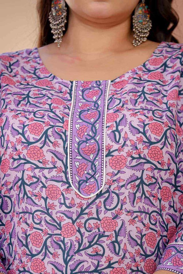 Lavender Floral Print Cotton Long Kurti