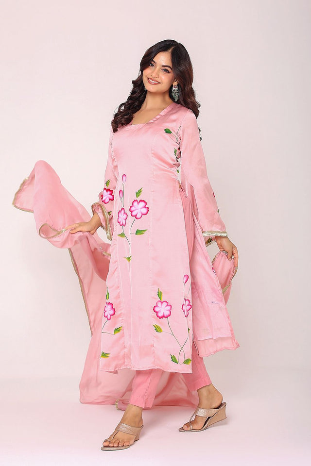 Pink Floral Printed Muslin Kurti Pant Set (8Satin)