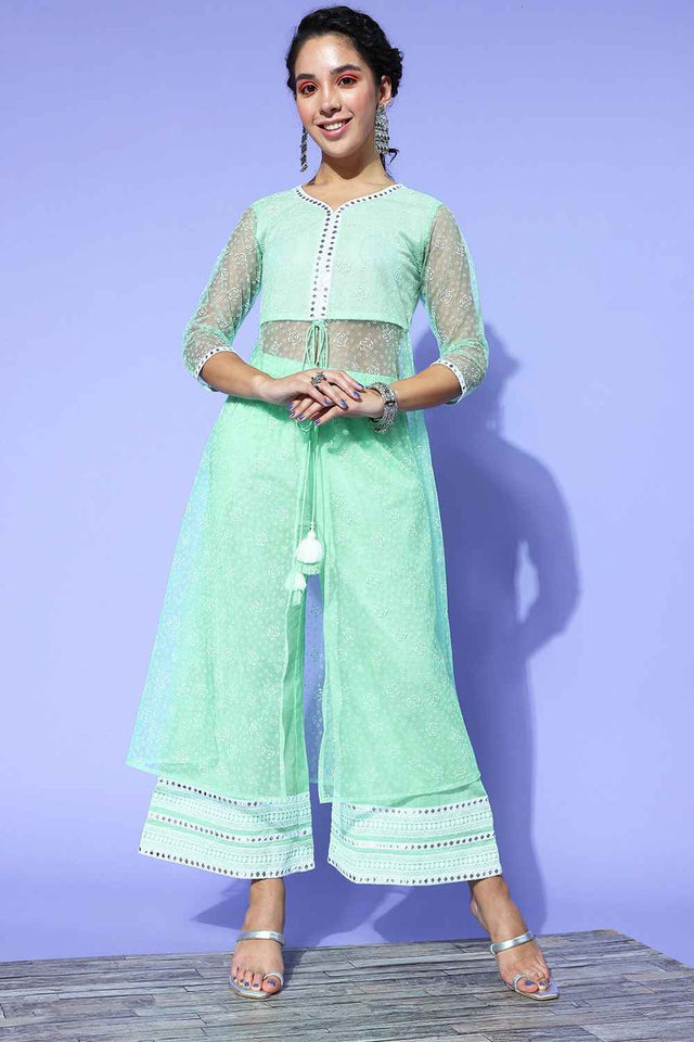 Turquoise Mirror Work?ÿ Net Co-Ord Set
