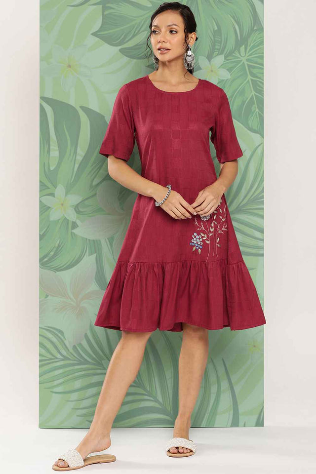 Red Embroidered Rayon Dress (9852DRSMR)