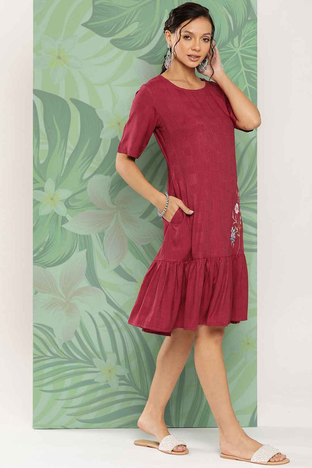 Red Embroidered Rayon Dress (9852DRSMR)