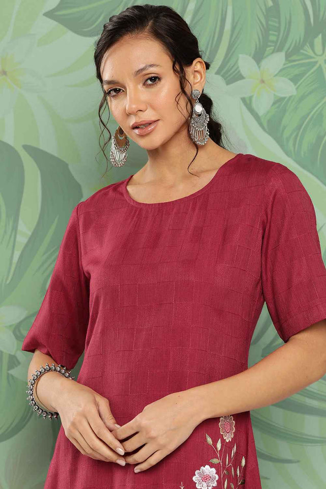 Red Embroidered Rayon Dress (9852DRSMR)