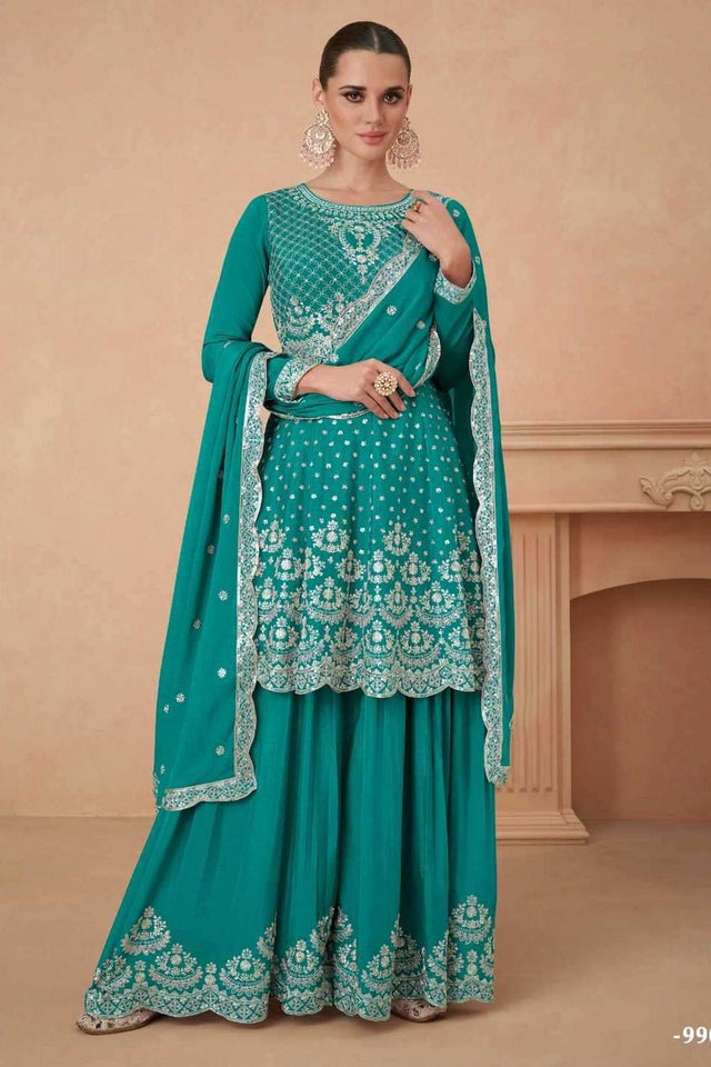 Green Floral Embroidered Georgette Sharara Suits