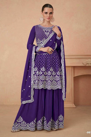 Violet Floral Embroidered Georgette Sharara Suits