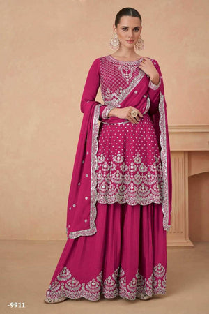 Magenta Floral Embroidered Georgette Sharara Suits