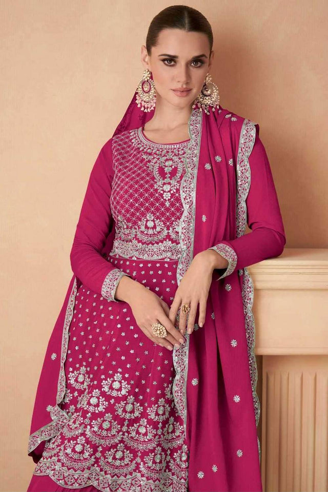 Magenta Floral Embroidered Georgette Sharara Suits