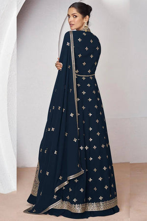 Navy Blue Sequin with Embroidered Georgette Gown