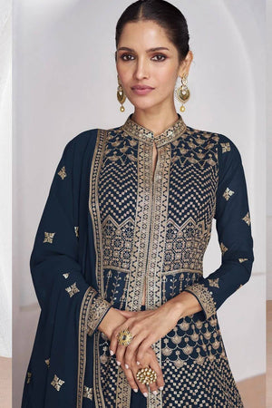 Navy Blue Sequin with Embroidered Georgette Gown
