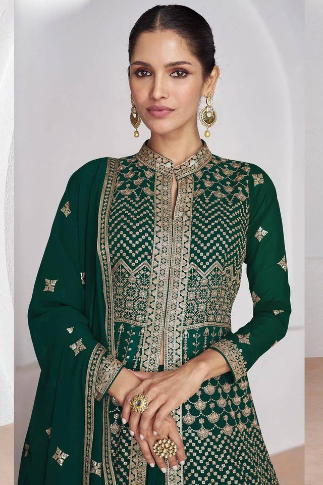 Green Sequin with Embroidered Georgette Gown