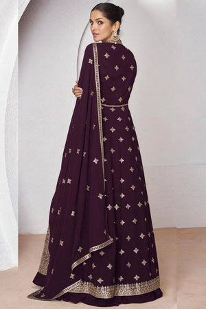 Wine Sequin with Embroidered Georgette Gown
