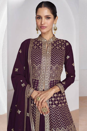 Wine Sequin with Embroidered Georgette Gown