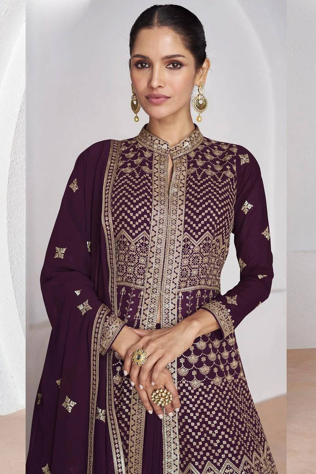 Wine Sequin with Embroidered Georgette Gown