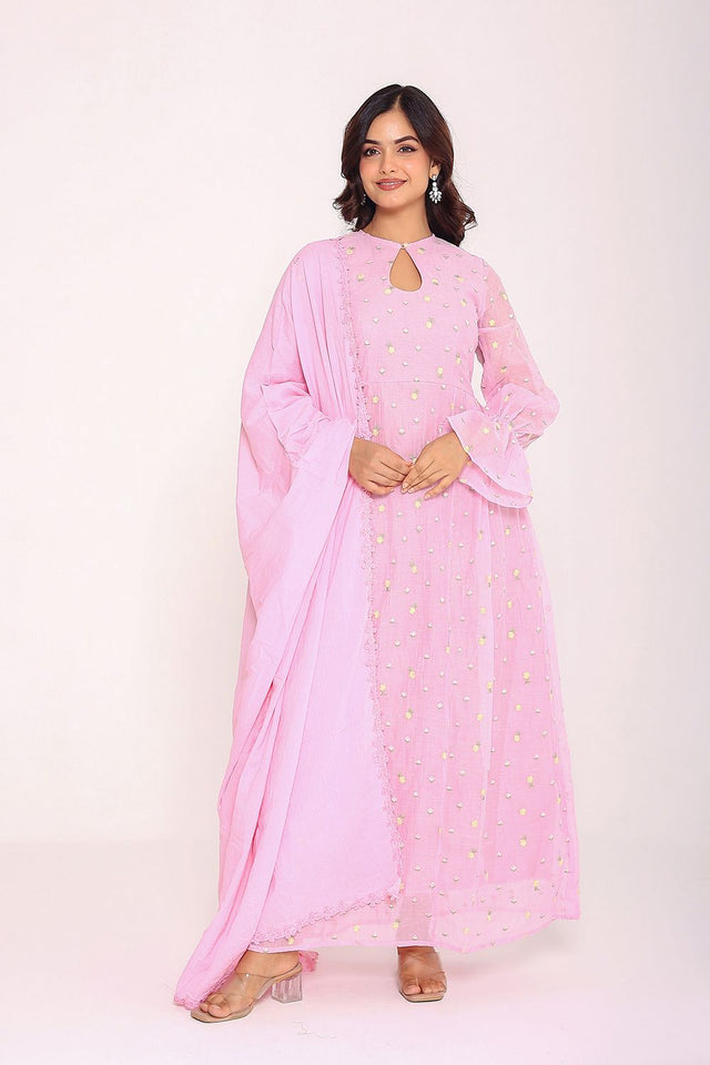 Pink Floral Embroidered Silk Kurti Pant Set (9Mulmul)