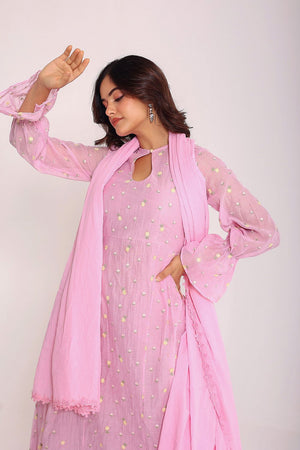 Pink Floral Embroidered Silk Kurti Pant Set (9Mulmul)