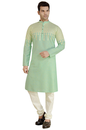 Men's Green Cotton Embroidered Kurta Pajama