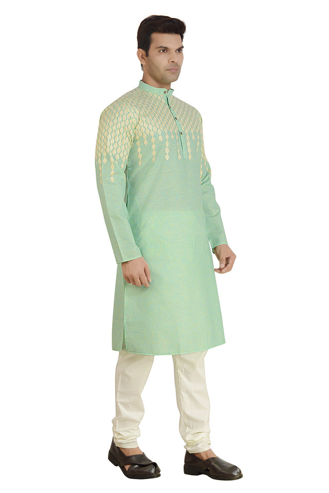 Men's Green Cotton Embroidered Kurta Pajama