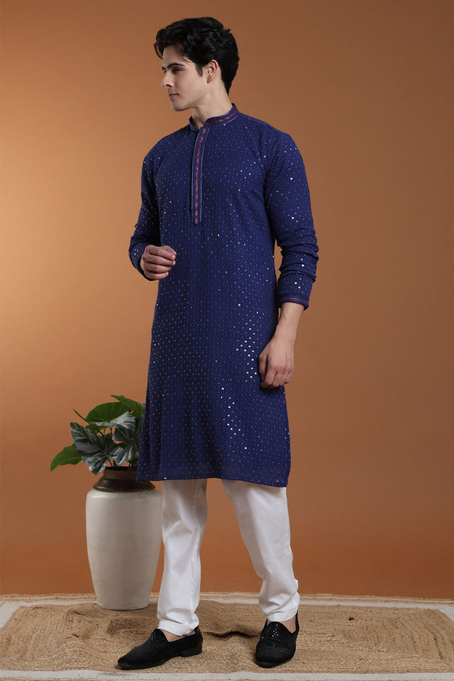 Mens Blue Sequin with Embroidered Georgette Kurta Set (A-908 B)