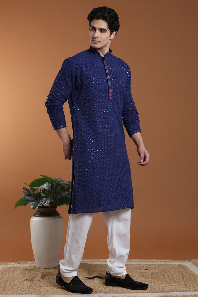 Mens Blue Sequin with Embroidered Georgette Kurta Set (A-908 B)