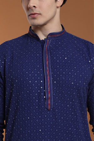 Mens Blue Sequin with Embroidered Georgette Kurta Set (A-908 B)