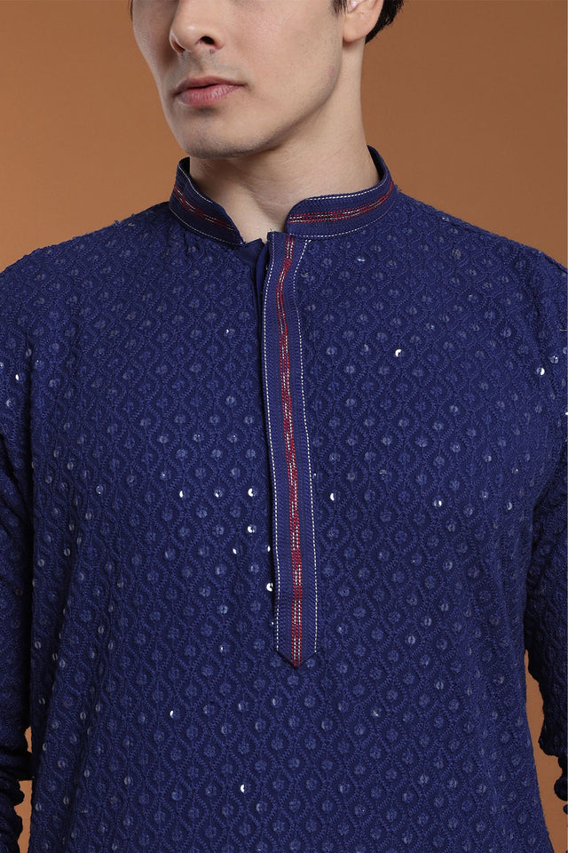 Mens Blue Sequin with Embroidered Georgette Kurta Set (A-908 B)