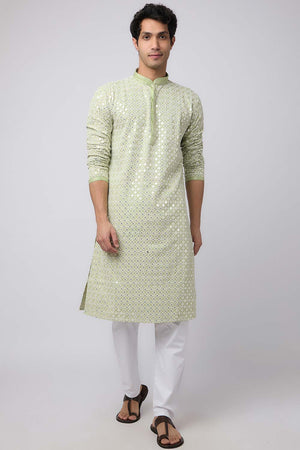 Pista Green Cotton Mirror Sequins Embroidered Kurta Pajama Set - 36