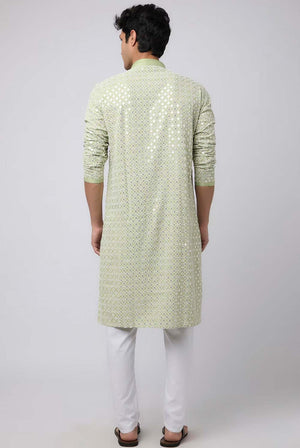 Pista Green Cotton Mirror Sequins Embroidered Kurta Pajama Set - 36