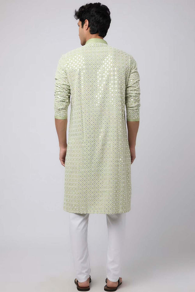 Pista Green Cotton Mirror Sequins Embroidered Kurta Pajama Set - 36
