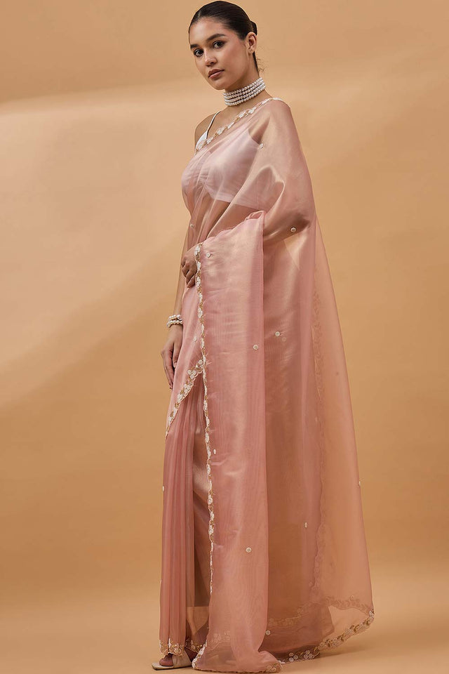 Peach Tissue Woven Saree