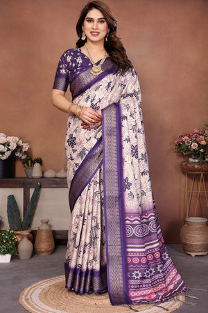 Cream Printed Cotton Silk Saree (AAXITA1-PURPLE)