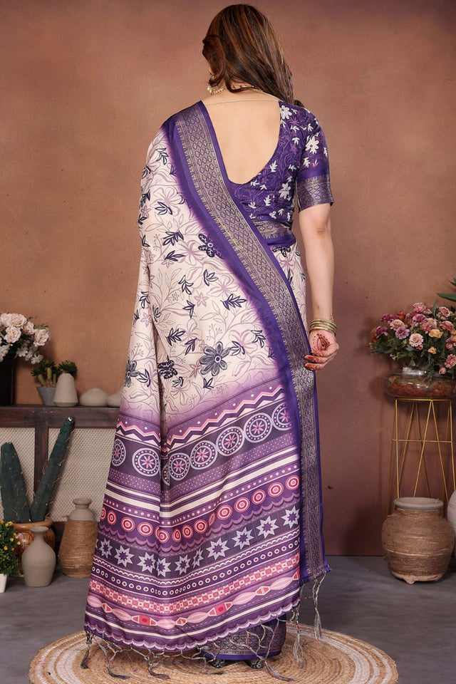 Cream Printed Cotton Silk Saree (AAXITA1-PURPLE)