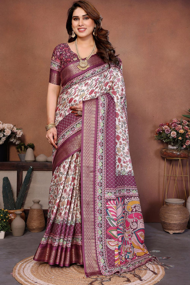 Cream Printed Cotton Silk Saree (AAXITA1-WINE)