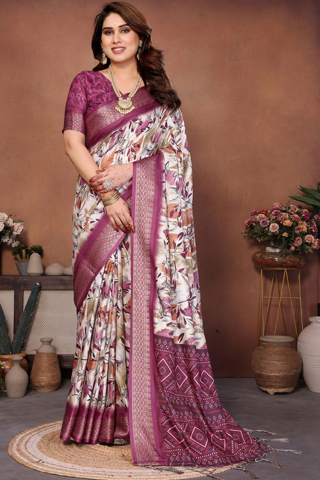 Cream Printed Cotton Silk Saree (AAXITA1-WINE2)