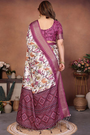 Cream Printed Cotton Silk Saree (AAXITA1-WINE2)