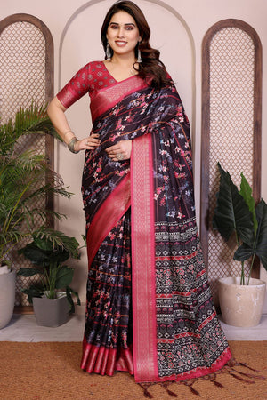Black Floral Printed Cotton Silk Saree (AAXITA2-BLACK)