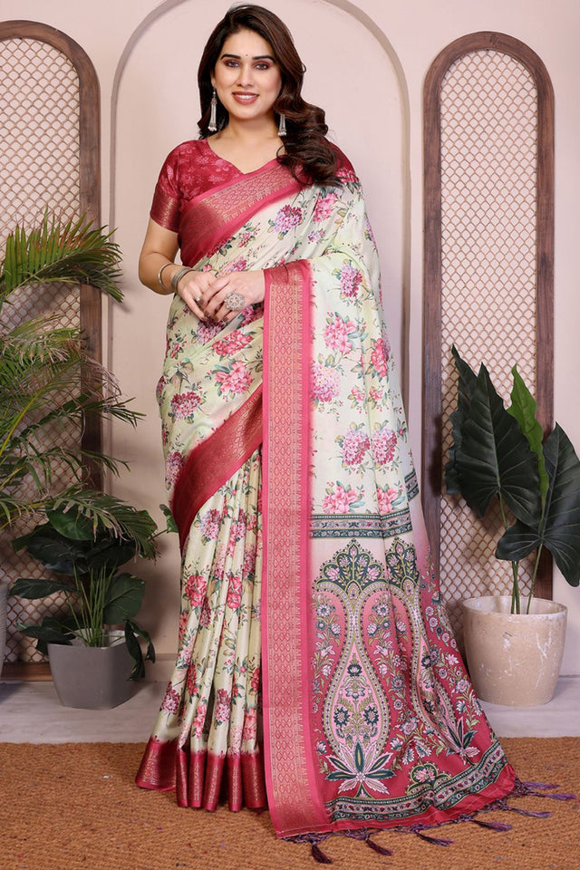 Yellow Floral Printed Cotton Silk Saree (AAXITA2-LIGHTYELLOW)