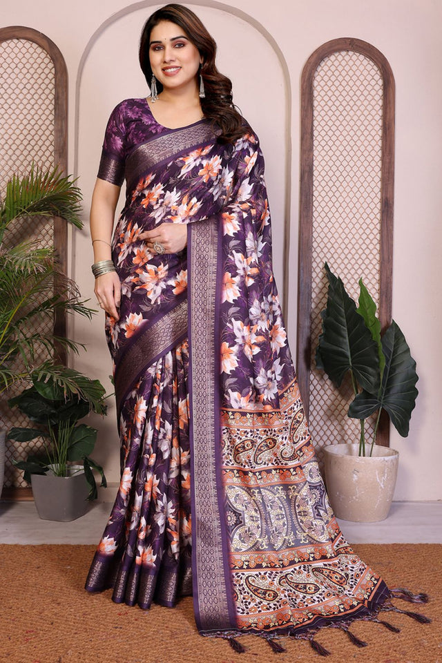 Purple Floral Printed Cotton Silk Saree (AAXITA2-PURPLE)