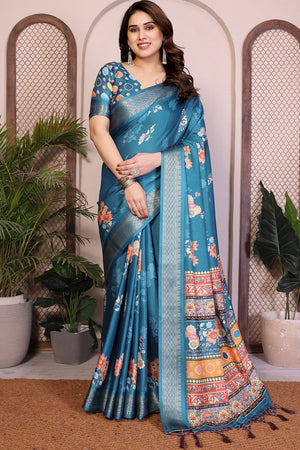 Turquoise Floral Printed Cotton Silk Saree (AAXITA2-RAMA)
