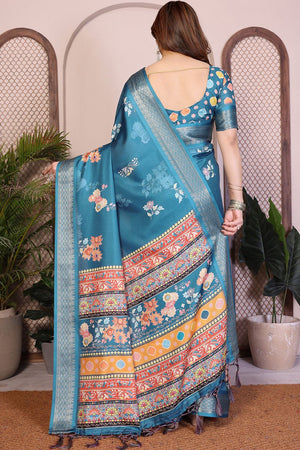Turquoise Floral Printed Cotton Silk Saree (AAXITA2-RAMA)