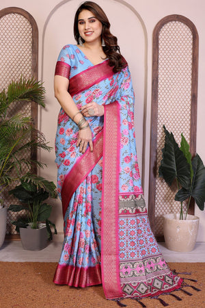 Blue Floral Printed Cotton Silk Saree (AAXITA2-SKYBLUE)