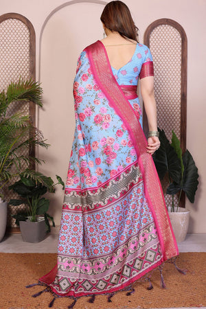 Blue Floral Printed Cotton Silk Saree (AAXITA2-SKYBLUE)