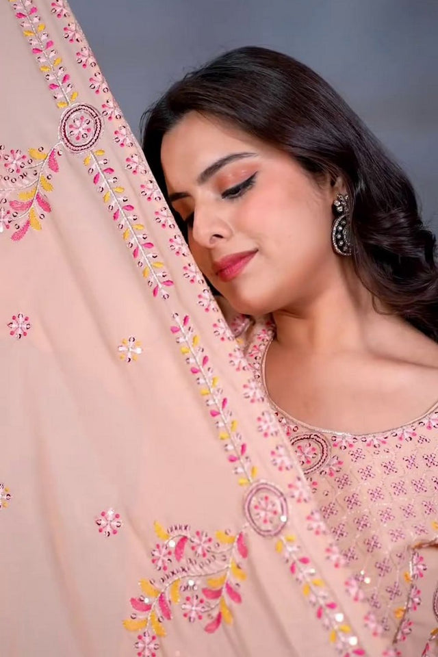 Peach Sequin with Embroidered Georgette Kurti Pant Set (AC-7106-Peach)