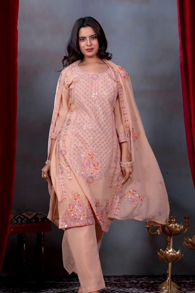 Peach Sequin with Embroidered Georgette Kurti Pant Set (AC-7106-Peach)