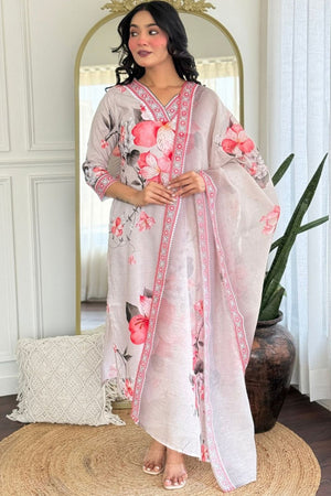 Cream Floral Printed Rayon Kurti Pant Set (AC-760-Cream)