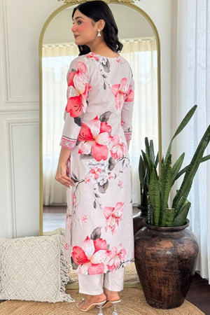 Cream Floral Printed Rayon Kurti Pant Set (AC-760-Cream)