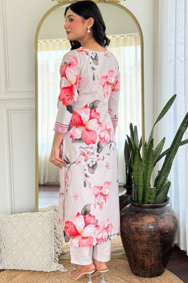 Cream Floral Printed Rayon Kurti Pant Set (AC-760-Cream)