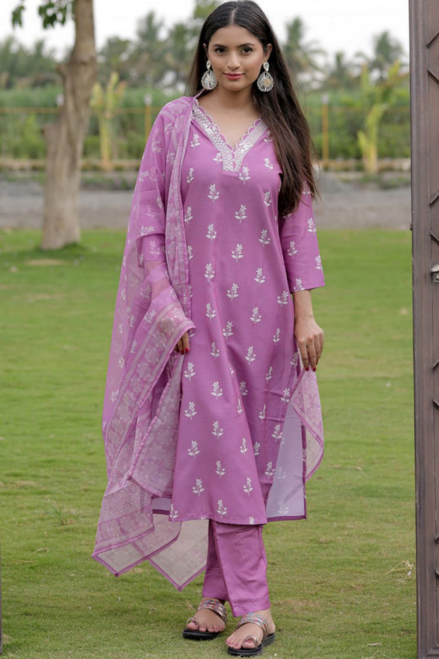 Lavender Floral Embroidered Rayon Kurti Pant Set (AC-780-Lavender)