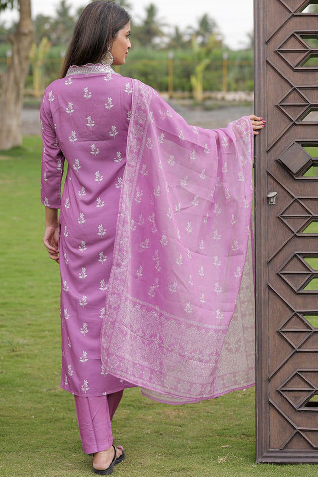 Lavender Floral Embroidered Rayon Kurti Pant Set (AC-780-Lavender)