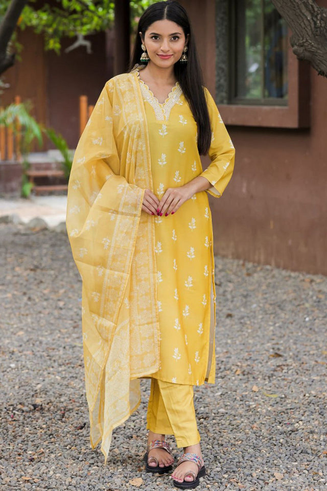 Yellow Floral Embroidered Rayon Kurti Pant Set (AC-780-Yellow)