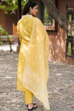 Yellow Floral Embroidered Rayon Kurti Pant Set (AC-780-Yellow)
