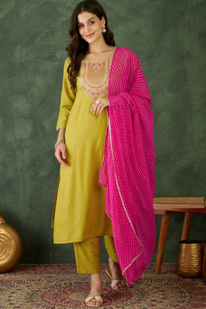 Yellow Embroidered Rayon Kurti Pant Set (AC-782-Yellow)